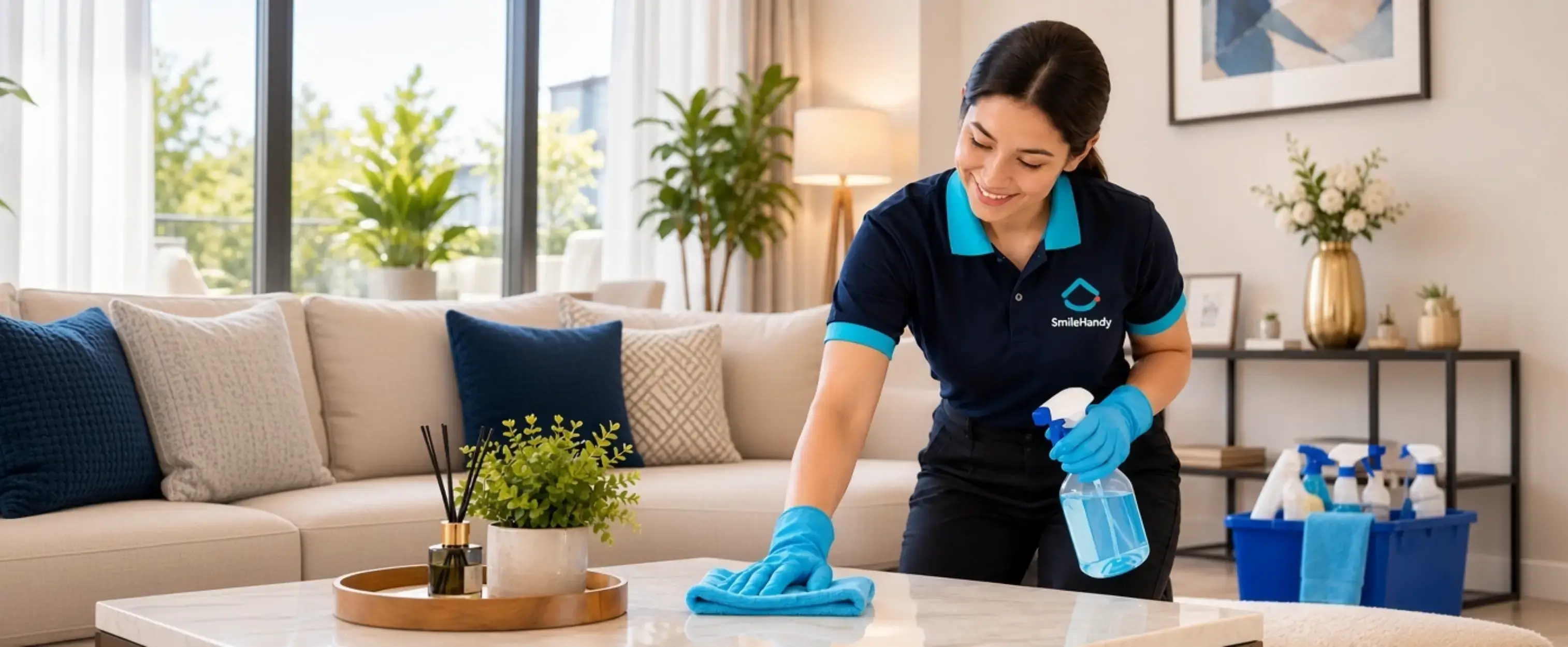 SmileHandyy professional cleaning a living room